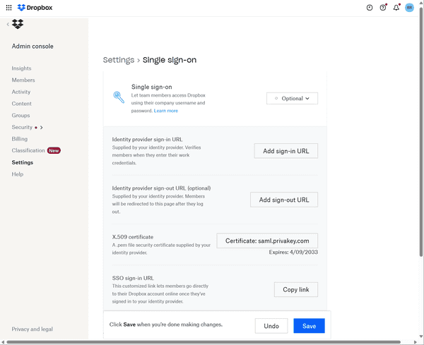 SSO Config in Dropbox